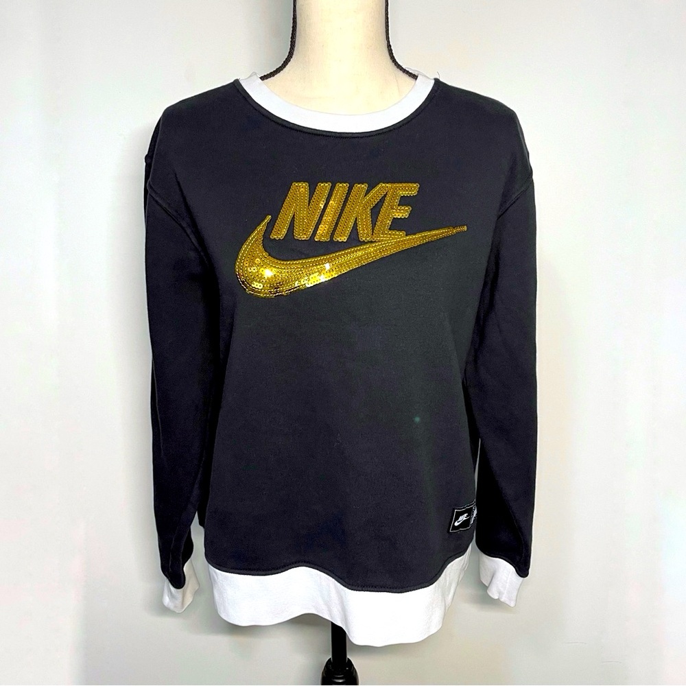 Nike crewneck sweatshirt, black with gold sequins, white trim, medium